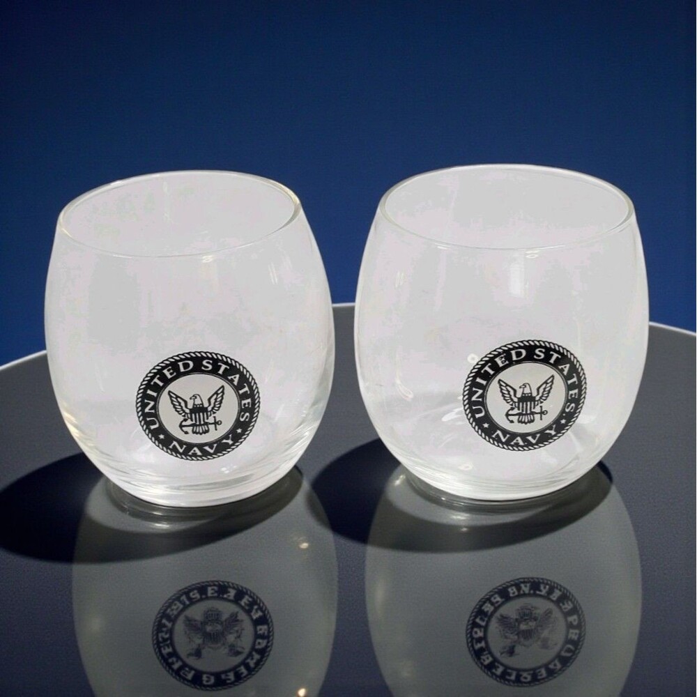 Set of 2 U.S. Navy Lowball Whiskey Glasses Stemless Rocks Military Bar Veteran